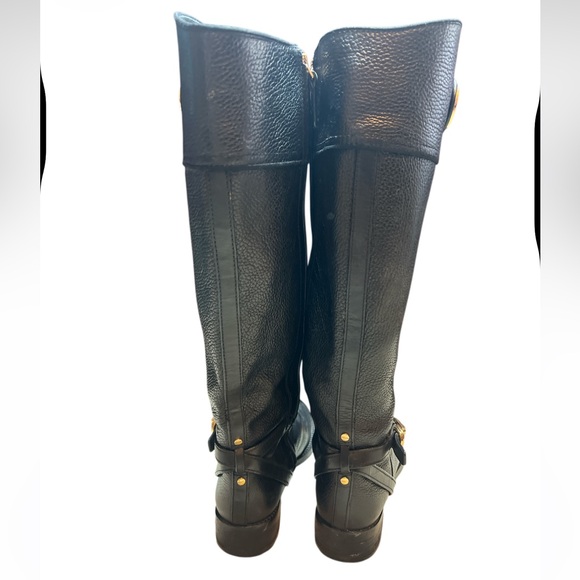 Tory Burch Black Leather Riding Boots Gold Logo Buckle Womens Size 8M - Picture 4 of 12